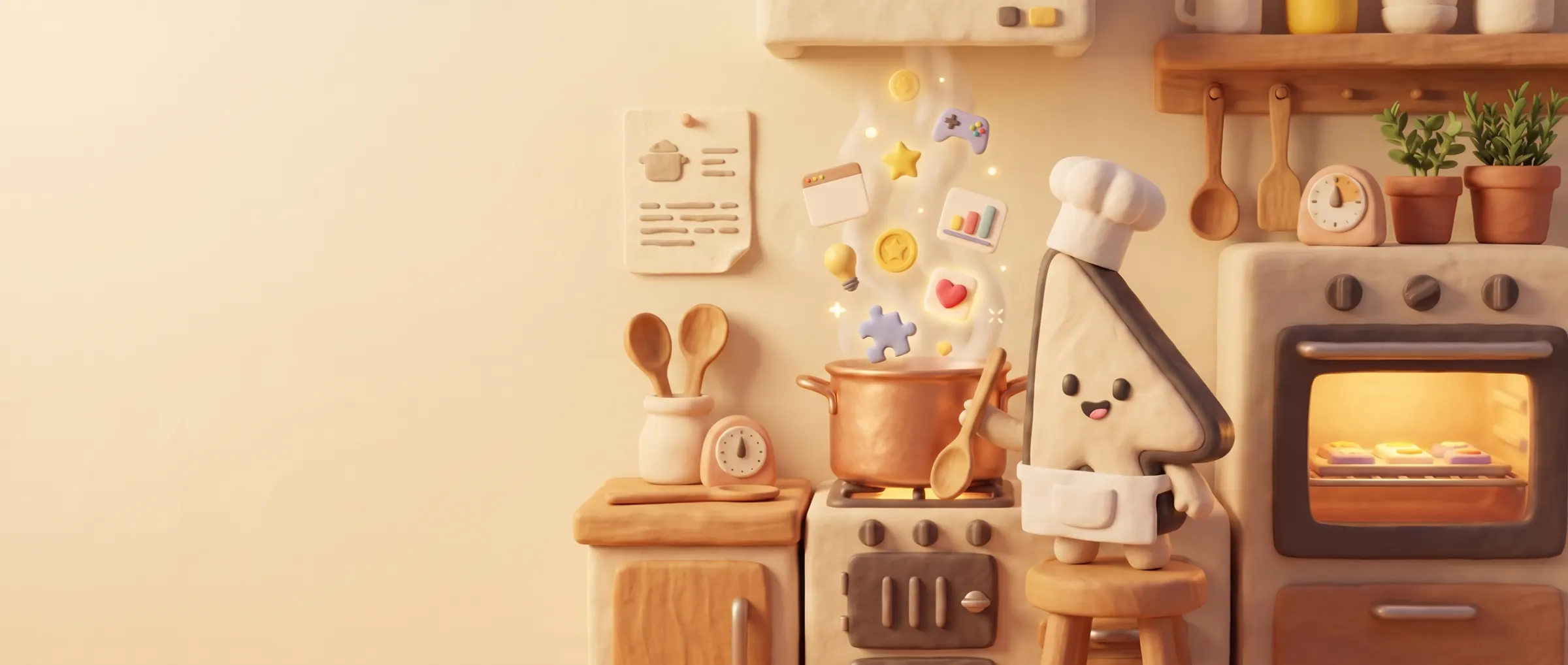 Our cursor character in a chef’s hat, with app icons and game pieces cooking in the kitchen.